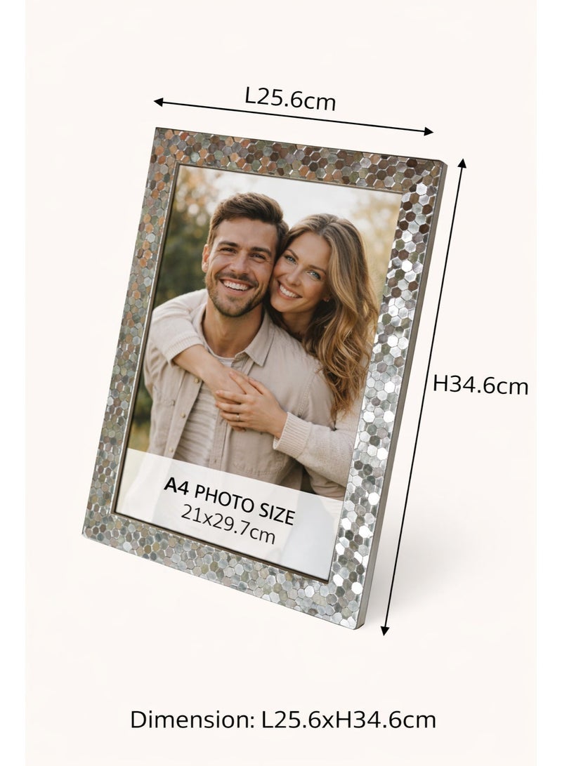 A4 Decorative Photo Frame – Silver Mosaic Pattern, Tabletop & Wall-Mount Picture Frame (21 × 29.7 cm) - Image 2